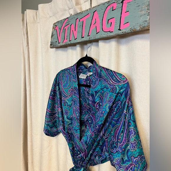 Vintage 90s Teal Purple Floral Paisley Silky Colorful Kimono Robe - Picture 3 of 12